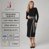 Robe midi en maille noire Joydressing avec bordure blanche contrastante, taille nouée, manches longues, col montant, robe de bureau pour femme, vente en gros OEM