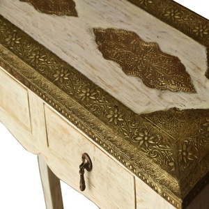 Mesa Consola de Madera Tallada a Mano con Cajones |   Escritorio Antiguo de Color Blanco |   Mesa de Entrada y Tocador Vintage - Product Image 5