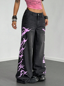Nuovi <span class=keywords><strong>Jeans</strong></span> Larghi da <span class=keywords><strong>Donna</strong></span> a Vita Bassa con Stampa, Pantaloni in Denim Stile Y2K Hip-Hop, Design a Gamba Larga e Dritta - Product Image 4