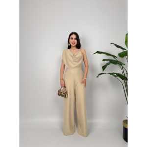 Mono amarillo de gasa para mujer 3033 Tulum, ropa de fiesta, pierna ancha, sin mangas, cuello en V, elegante, formal. - Product Image 4