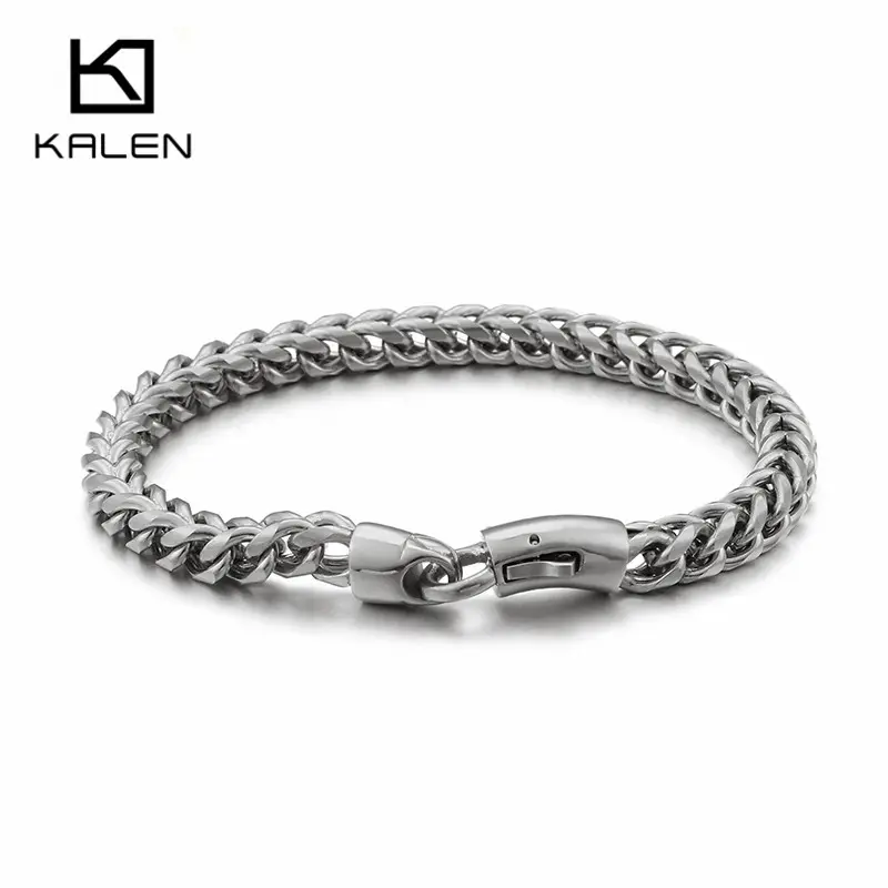 KALEN-pulsera de cadena de eslabones para hombre, de acero inoxidable, color plateado, 22 cm