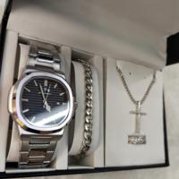 Reloj de Cuarzo Empresarial de Acero Inoxidable Plateado de Lujo Poedagar 613 con Collar, Anillo y Pulsera, Juego de 4 Piezas para Regalos del Día del Padre