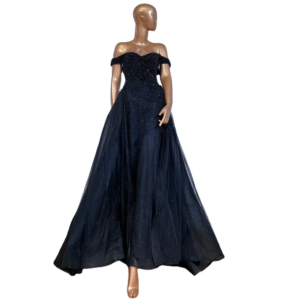 Gaun Malam Elegan Bahu Terbuka Manik-manik Hitam Gaun Malam Putri Duyung Di Atas Rok Serene Hill LA70602 Gaun Pesta Formal untuk Wanita