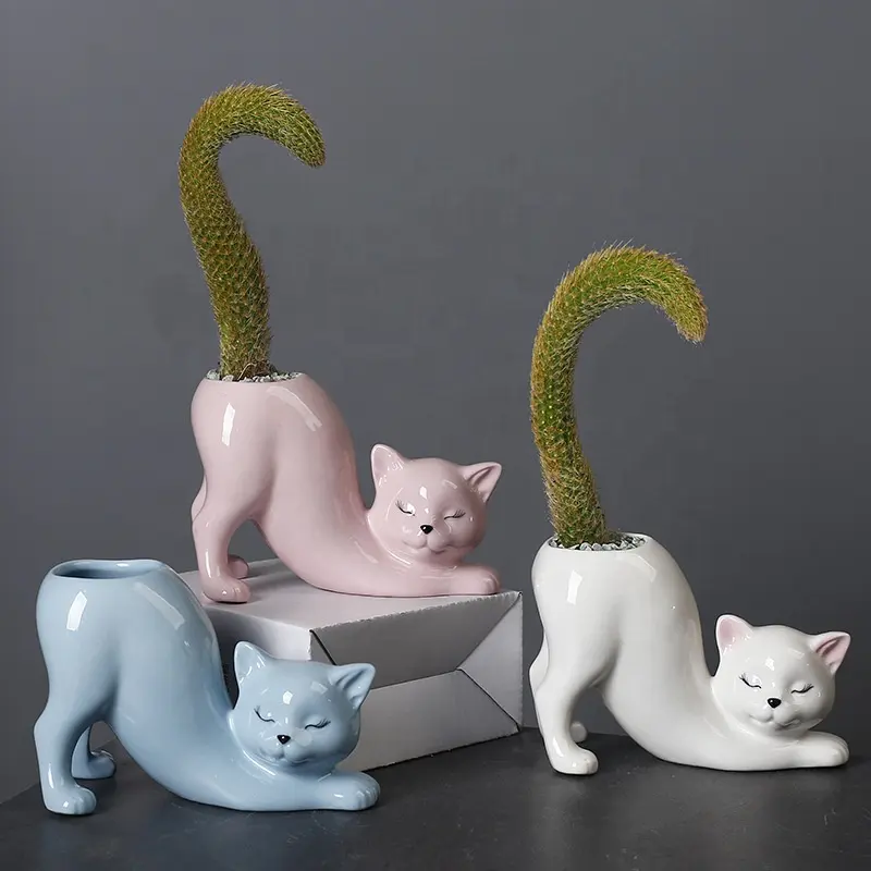Creative Cartoon Animal Cute Cat Tail High Quality Abrasion Durable Drainage Hole Ceramic Planter For Cactus Gifts Garden Office