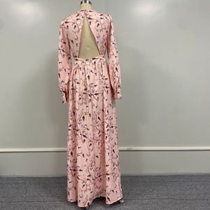 Robe de demoiselle d'honneur élégante imprimée rose à taille mi-haute, dos nu, col rond, manches longues, printemps, été, automne pour femme - Product Image 4