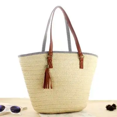 Große gewebte Strohs ack für Damen Summer Beach Einkaufstasche mit Quaste für Reises troh handtasche
