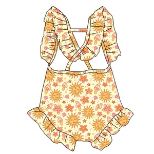 Combinaison d'été en tricot à imprimé floral pour bébés filles, justaucorps bulle à bretelles croisées avec dentelle à l'entrejambe - Product Image 2