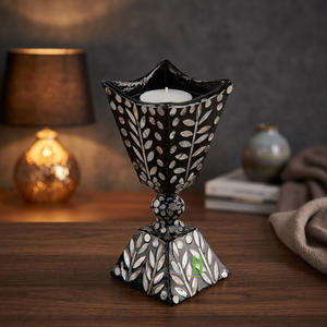 Handmade <b>Brass</b> <b>Candlestick</b> Holder With Shell Inlay Black Leaf Pattern Home Decoration - Product Image 3