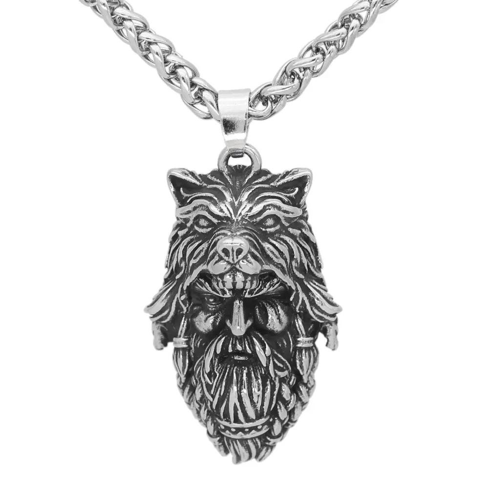 Punk Hip Hop Viking Men's Jewelry Gift Stainless Steel Wolf Head Odin Pendant Necklace