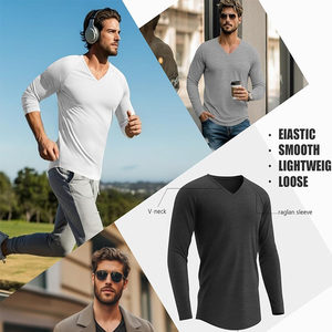 T-shirts pour hommes à manches longues, <span class=keywords><strong>col</strong></span> en <span class=keywords><strong>V</strong></span>, légers, sous-<span class=keywords><strong>v</strong></span>êtements, ourlet incurvé, décontractés, basiques, pour l'entraînement, vente en gros, personnalisables, en tissu Tri-Blend - Product Image 5