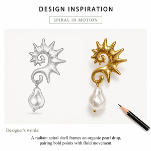 Boucles d'oreilles pendantes en forme de spirale dorée avec perle, en acier inoxydable plaqué or 14 carats sous vide, bijoux sculpturaux et imposants - Product Image 3