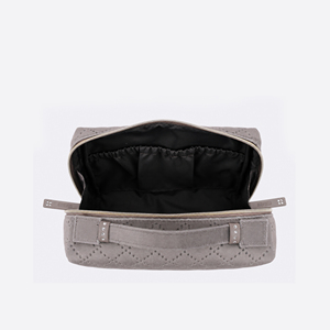 Grey Velvet Quilted Cosmetic <b>Case</b> with <b>Makeup</b> Brush Holders and Double Zippers for Women Travel Beauty Storage - Product Image 3