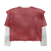 T-shirt homme coupe ample à manches longues, effet double couche, faux deux pièces, 240 g/m², en coton, imprimé graphique personnalisé, effet vieilli, lavé