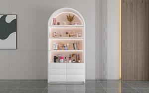 Vitrina <span class=keywords><strong>blanca</strong></span> de madera <span class=keywords><strong>MDF</strong></span> con luz LED para tienda, diseño OEM con tamaño, armario de exhibición de perfume cosmético - Product Image 5