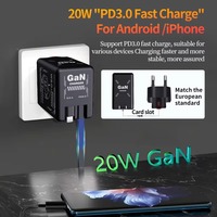 Cargador Rápido Universal GaN de 20W con Enchufe Plegable, Cable Tipo C Retráctil Doble y Adaptador USB A QC3.0 para Viajes