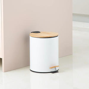 Cubo de Basura Moderno de Acero Inoxidable con Tapa de Bambú, Cubo con Pedal para Cocina, Sala de Estar, Uso Interior, Diseño Cilíndrico Blanco - Product Image 2