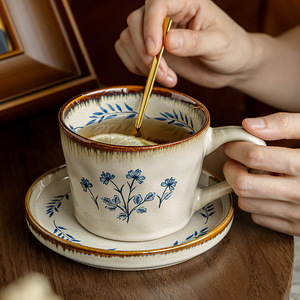 High-End Vintage Style Floral Pattern <strong>Ceramic</strong> Coffee <strong>Mug</strong> with Saucer <strong>Handmade</strong> Afternoon Tea Cup and Saucer Set - Product Image 1