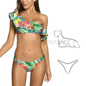 Roupa de banho sexy feminina estampa floral, um ombro, roupa de praia, natação, biquíni com babado