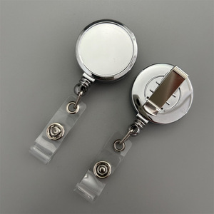Round silver retractable badge roll with back <b>clip</b> and easy-pull <b>buckle</b>, logo printable keychain, in stock. - Product Image 4