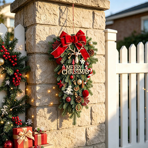 <b>Christmas</b> decorations upside down <b>tree</b> <b>Christmas</b> wreath with lights door hanging creative holiday scene layout rattan ring <b>wall</b> - Product Image 1