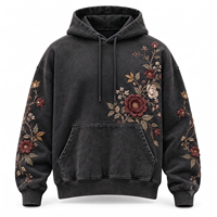 TOPSHOW Nouveau Design Sweat à Capuche Délavé à l'Acide Broderie Florale Oversize Épaules Tombantes pour Automne Hiver