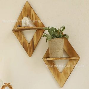 Wooden <b>Wall</b> <b>Mounted</b> Rhomboid <b>Shelf</b> Geometric Design For Plants Bedroom Living Room Storage Display Rack - Product Image 3