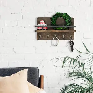 Organizador de llaves y correo marrón rústico, organizador montado en la pared, colgante de madera, clasificador de correo con 5 ganchos - Product Image 1