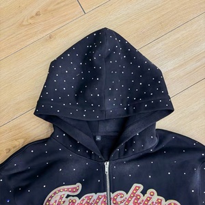 Sweat à capuche surdimensionné vintage personnalisé avec graphisme diamant, en tissu French Terry, sans poche, sans cordon, effet délavé au soleil, avec fermeture éclair et strass - Product Image 3