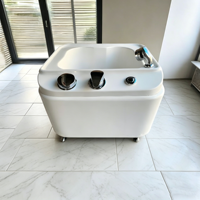 Fauteuil de pédicure professionnel de luxe pour salon, avec cuve acrylique profonde, fonction bain d'huile, lampe LED et système de jets sans conduites pour massage des pieds et des ongles.