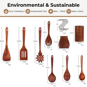 Cucharas y espátula de madera de teca, utensilios de cocina naturales antiadherentes, juego de utensilios de madera para cocinar con soporte - Product Image 2