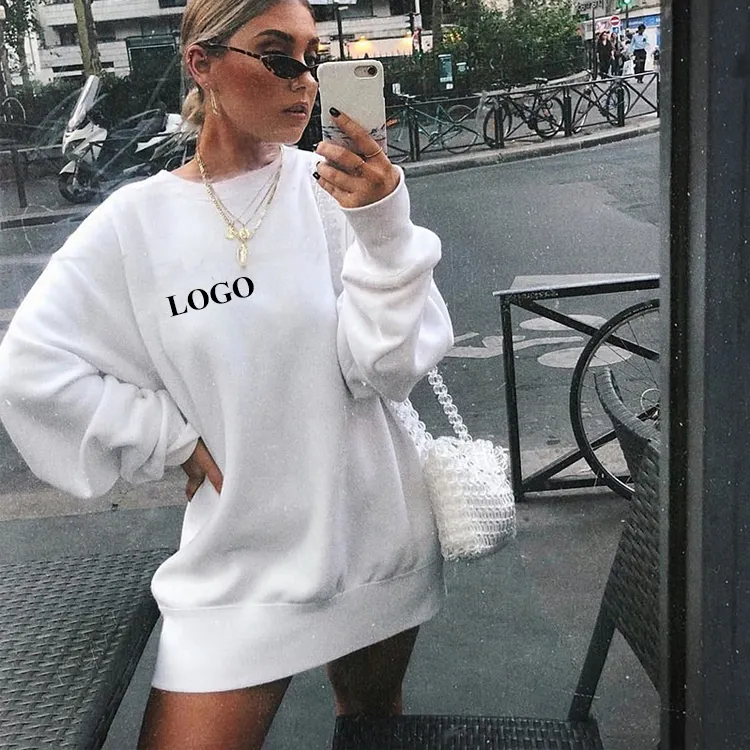 Streetwear Sweatshirt Custom Logo Embroidery Oversized Sweat Shirts Crewneck Drop Shoulder Casual Women Long Hoodie For Women