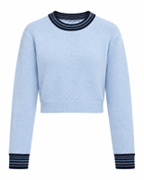 Pull en tricot personnalisé pour femme, col rond, bordure côtelée rayée, coupe courte, bleu clair marine, style preppy, manches longues, service ODM