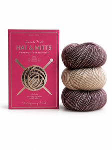 Hat and Mittens <b>Knitting</b> <b>Kit</b> – Advanced <b>Beginner</b> <b>Kit</b> with Cotton Merino Yarn, Needles & Video Tutorials – Aubergine - Product Image 1