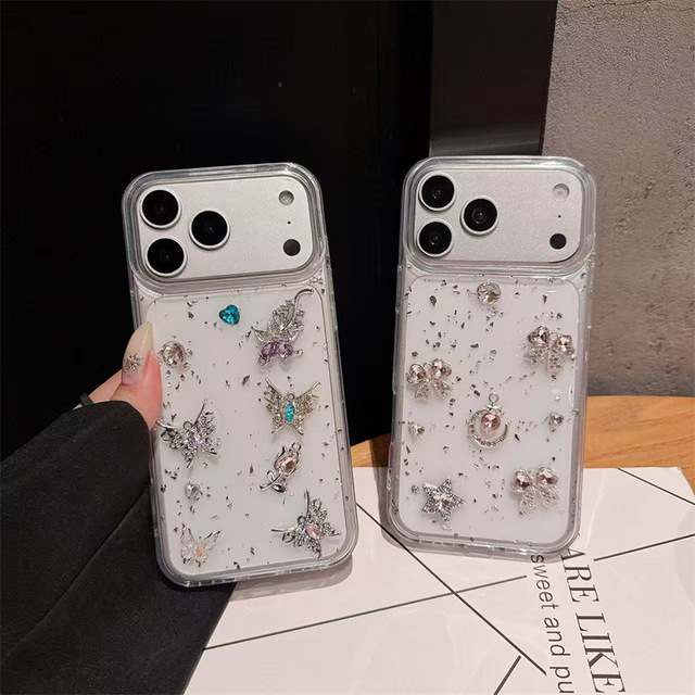 Suitable for iPhone 17 Promax Cases Drop Glue Butterfly Moon Water Diamond Apple Glitter Pink Transparent Anti Drop Phone Case