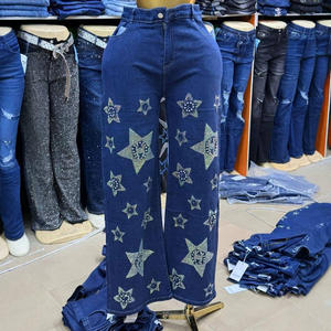 Jeans de mezclilla vintage de cintura media, holgados, de pierna recta, con bordado de diamantes de imitación azules para mujer, al por mayor, estilo urbano, tallas grandes - Product Image 4