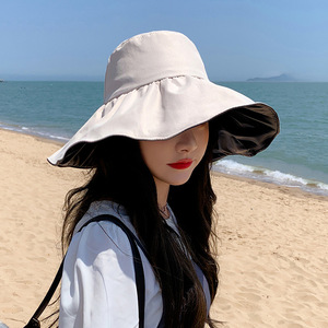 <b>Women</b> <b>Summer</b> Wide Brim Bucket <b>Hat</b> Solid Color Polyester Beach Sun Protection UV UPF 50 Foldable Casual <b>Hat</b> for Adults - Product Image 1