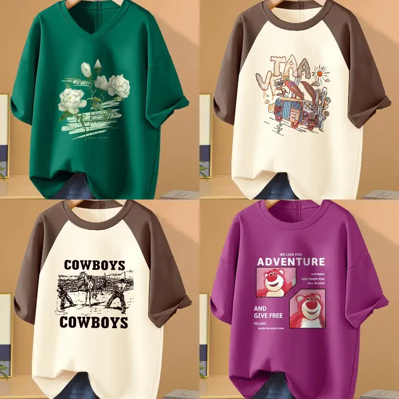 綿100% 人気ラウンドオーバーサイズブランクロゴカスタムプリントレディースTシャツサマーOネックシャツベーシックTシャツ