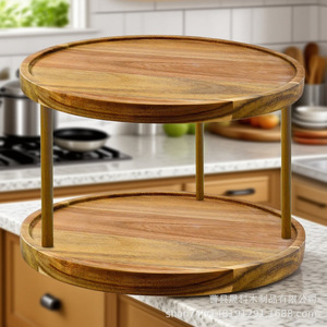 Acacia Wood Double Layer <b>Rotating</b> Storage <b>Rack</b> For Kitchen <b>Spice</b> Or Cosmetic Organizer Desktop Use - Product Image 1