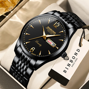 Binbond Men's Quartz Watch Black Gold Dial Date Week Display Stainless Steel Band 7mm Ultra Thin Water Resistant Analog Watch - Product Image 1