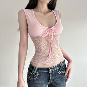 Camiseta sin mangas de punto acanalado transpirable y ecológica para mujer, con estampado floral, encaje y lazo frontal - Product Image 5