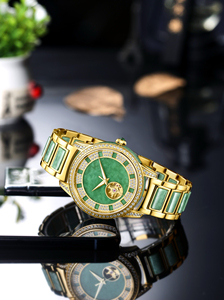 Montre analogique pour couple avec cadran en jade creux, bracelet en acier inoxydable, étanche, design mécanique, largeur de bracelet 22 mm - Product Image 6
