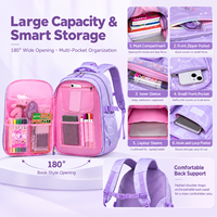 Sac à dos scolaire en nylon imperméable antivol à fermeture éclair motif dessin animé pour filles, avec ceinture d'air rembourrée, grande capacité 20-36L, vente en gros