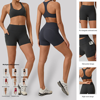 Ensemble de yoga 2 pièces personnalisé pour femme avec logo, respirant, imprimé, anti-UV, soutien-gorge de sport et short cycliste taille haute avec poches latérales, taille XS