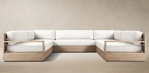 Conjunto de Sofá Contemporáneo para Exteriores con Mesa de Centro en Tela Beige y Estructura de Madera para Jardín o Patio - Product Image 5