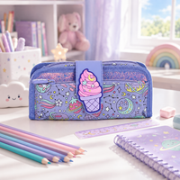 Trousse à crayons durable pour enfants, motif dessin animé mignon espace et crème glacée, multi-compartiments, en polyester, avec fermeture éclair, pour filles