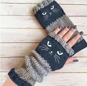 Women's Winter Embroidered Warm - Cute <b>Black</b> Cat's Eye, Bird and <b>Heart</b> Pattern, Non-slip Fingerless Gloves, Durable. - Product Image 4