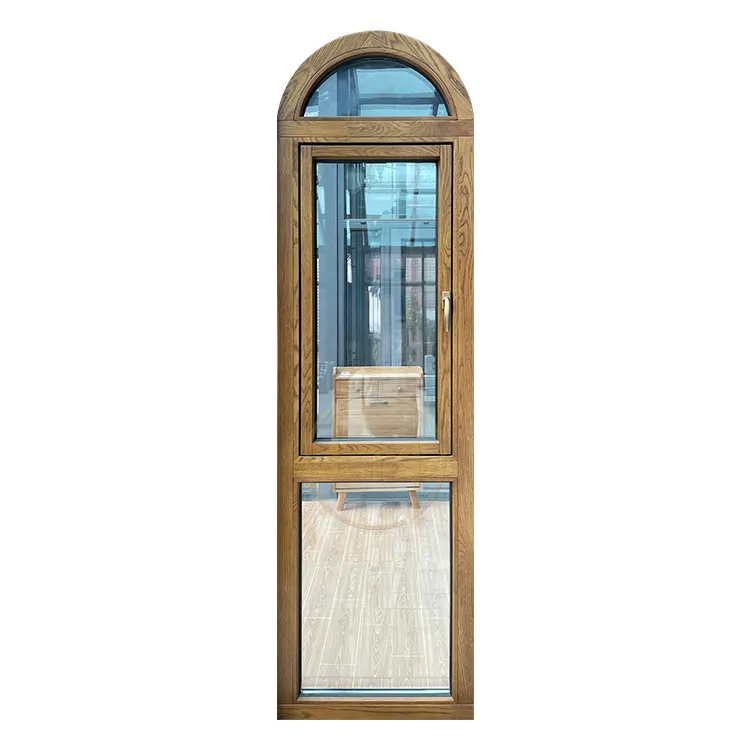 Kanada pazarı için kemer üst alüminyum kaplı ahşap pencere ince çerçeve yarım yuvarlak salıncak kapı ve pencereler