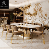 Meubles de salle à manger modernes, ensemble de table à manger haut de gamme pour 8 personnes, plateau ovale en marbre avec base en métal doré cannelé, chaises de salle à manger de luxe