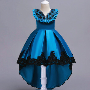 Vestido de Princesa Azul Satinado para Niña con Adornos de Encaje, Disfraz para Actuación en Escenario - Product Image 1