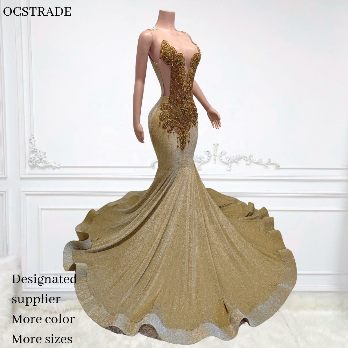 slim fit dress slacks Sparkle Gold Sequins Mermaid Evening Gowns Chic Strapless Prom Dresses main image 1